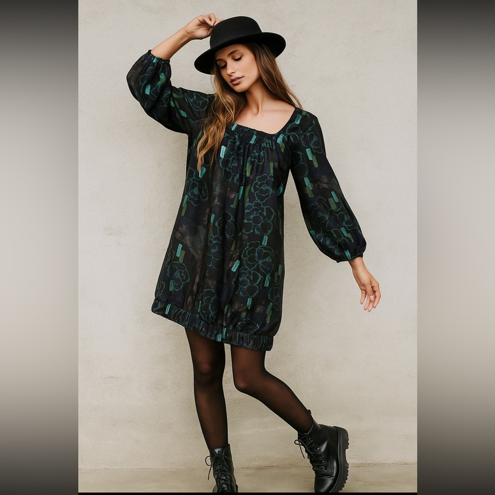 Classiques Entier 100% Silk Lined Balloon Dress M 3/4 Sleeve Floral Black Green